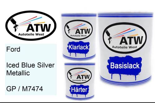 Ford, Iced Blue Silver Metallic, GP / M7474: 1L Lackdose + 1L Klarlack + 500ml Härter - Set, von ATW Autoteile West.